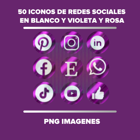 50 iconos de redes sociales en blanco y violeta PNG