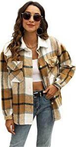 Womens Plaid Shacket Button Down Wool Blend Fall Flannel Sh