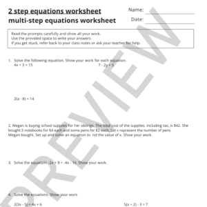 2 step equations and multi-step worksheet preview