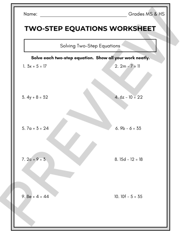 2-step equations worksheet preview